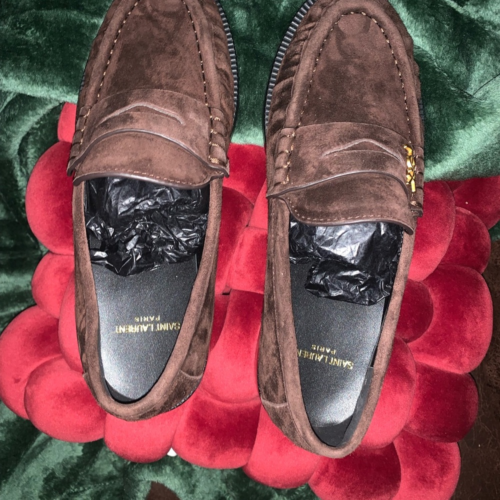 Saint Laurent Brown Suede Penny Loafers